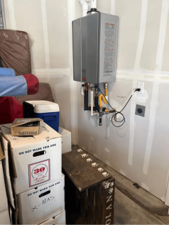 Newly installed tankless water heater in Hilmar by Johnson Plumbing Inc.